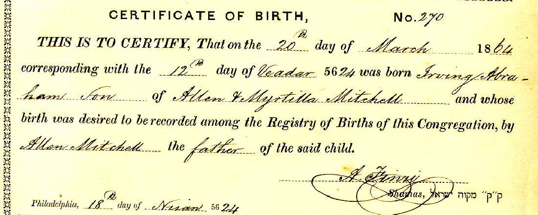 birth record mikveh israel Birth record from Mikveh Israel 1864